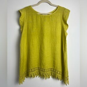 Terzo‎ Millennio Large 100% Linen Chartreuse Crochet Lace Hem Flutter Sleeve Top
